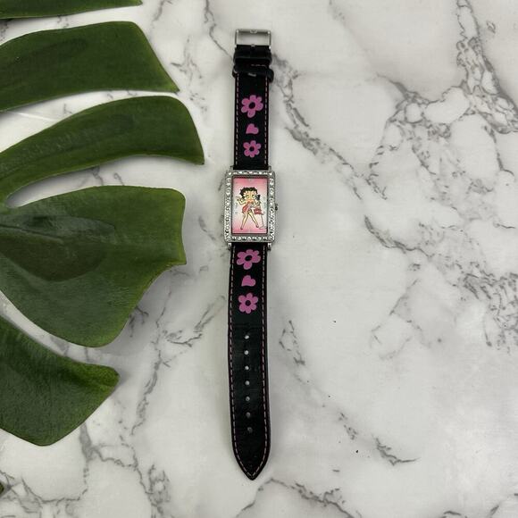 Betty Boop Accessories - Betty Boop Vintage Y2k Womens Wrist Watch Black Square Face Rhinestones Flowers